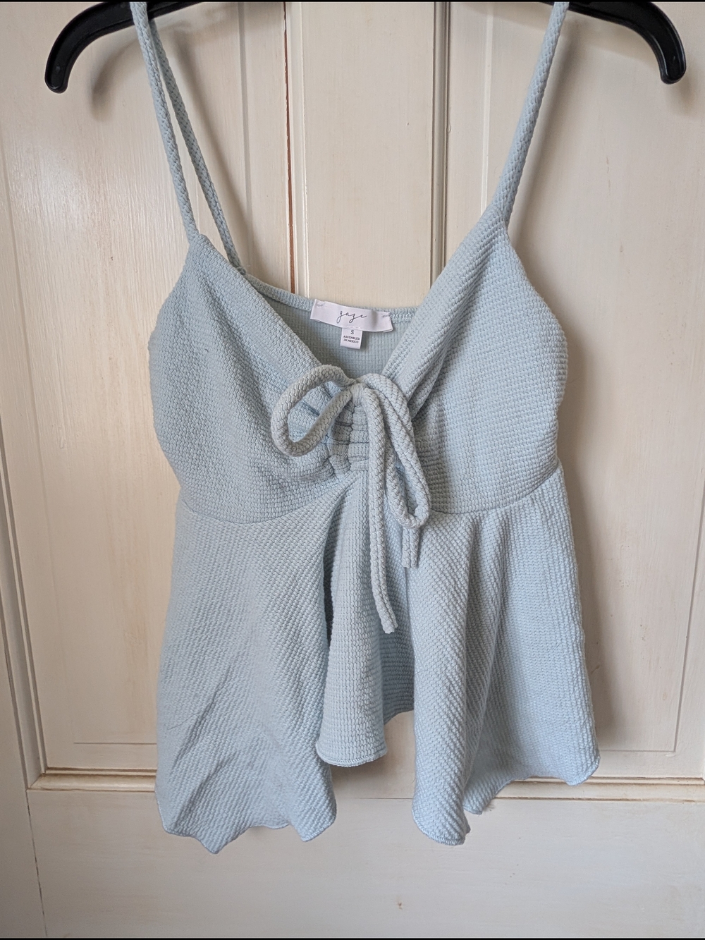 gaze Light Blue Textured Tie-Front Spaghetti Strap Tank